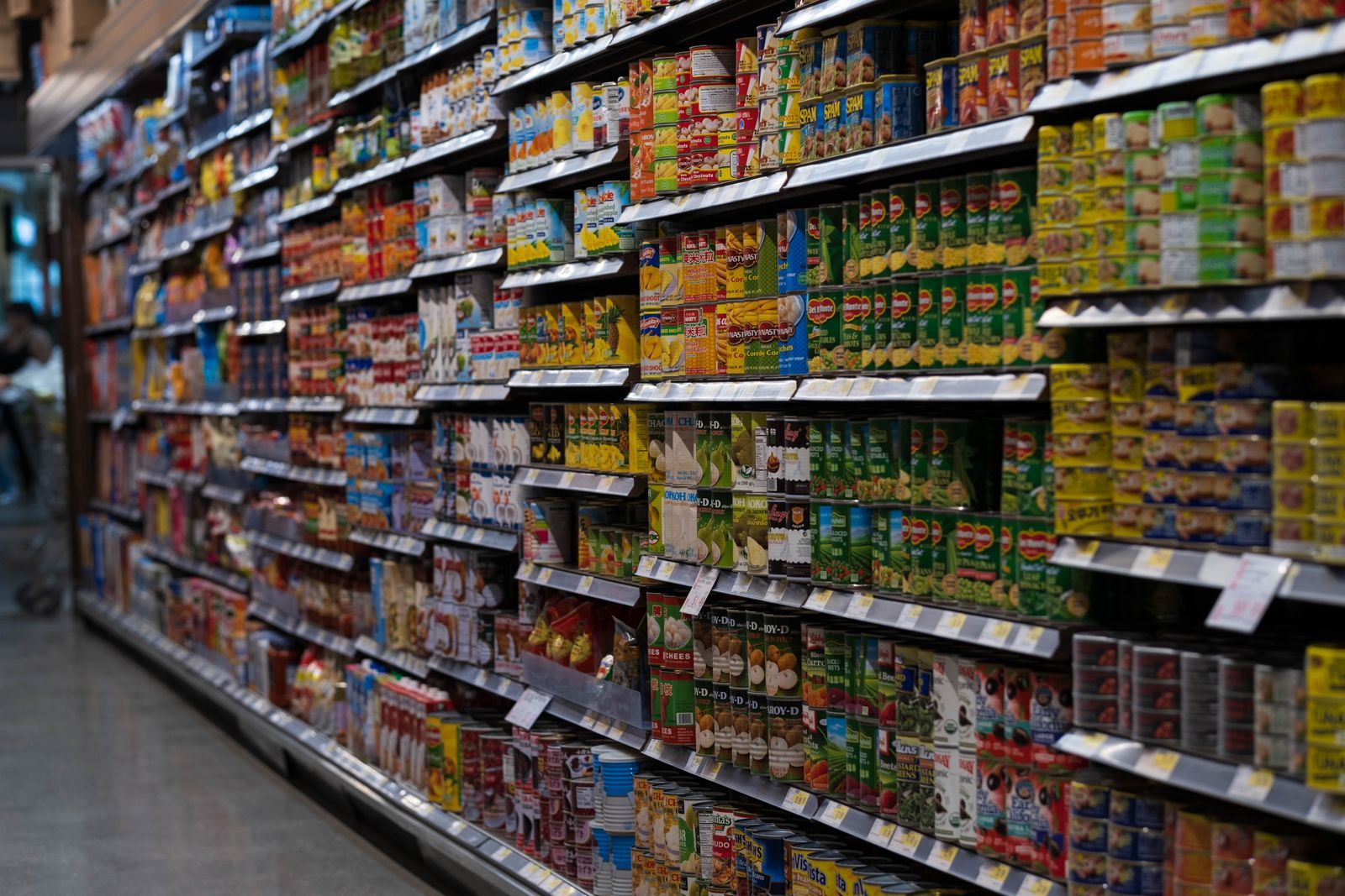 Grocery shelves stocked with packaged goods
