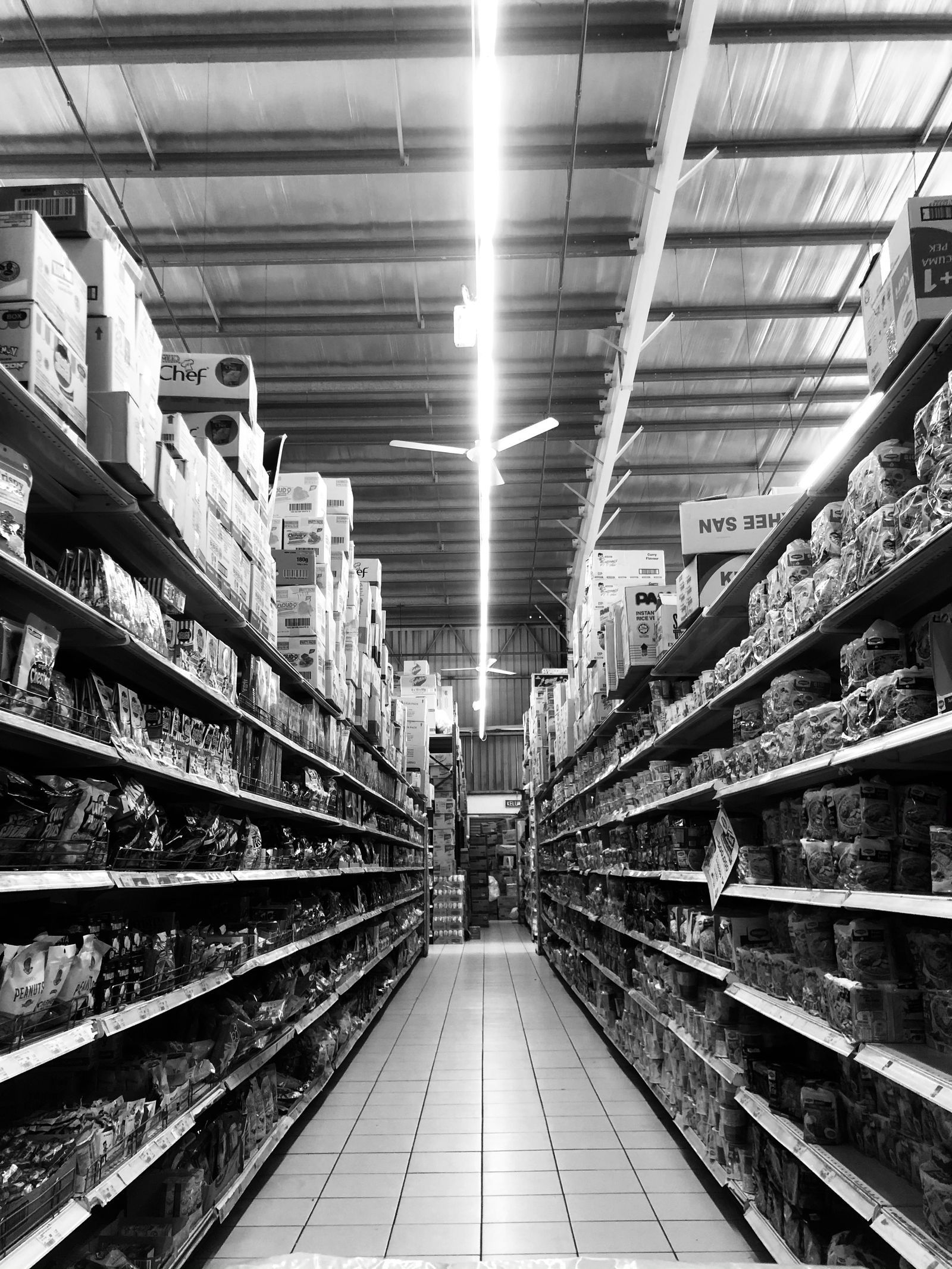 Packaged goods on a store shelf